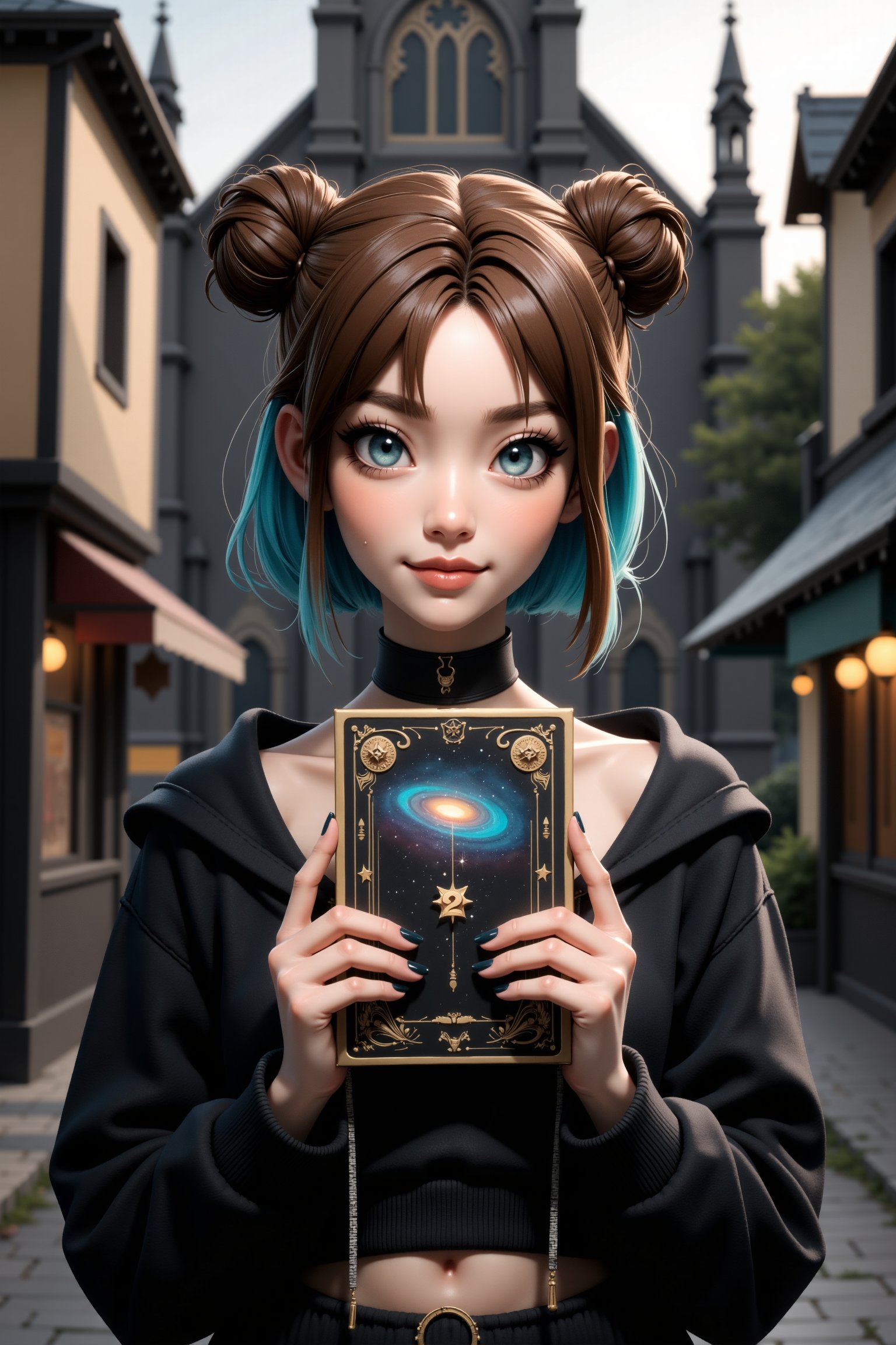 a adult western asian woman with a happy mood, holding a big tarot card with the number 2 tiny on the top at the card, the card have an ilustration of a galaxy, on it, aqua hair color and ocean eyes color, she have medium short hair, side bangs, she is wearing a black crop top hoodie, black eyeliner, blue and black palette color outfit, black symetrical choker, black nails polish, realistic and coherent hair proportions, detailed choker, detailed face, standing in front a european ancient dark gothic church, city, urban, alley, bokeh, depth of field, astroflux_v101, 3d, cg, rendered,