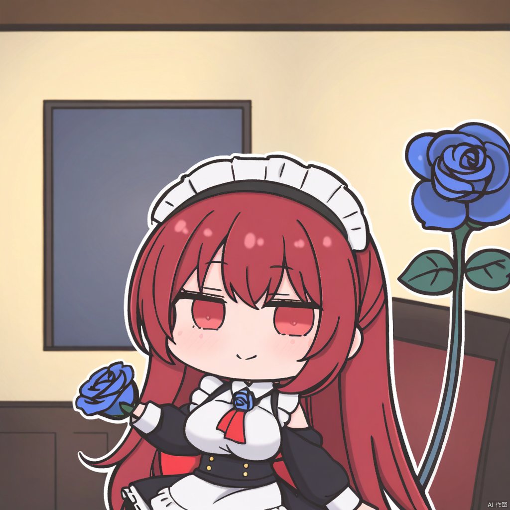 1girl,solo,red hair,red_eyes,red scarf,maid,chibi,
meme,Give you a blue rose,toward the lens,roses,with blue rose,holding,upper body,smile,big rose,blue rose near view,Focus on the blue rose,