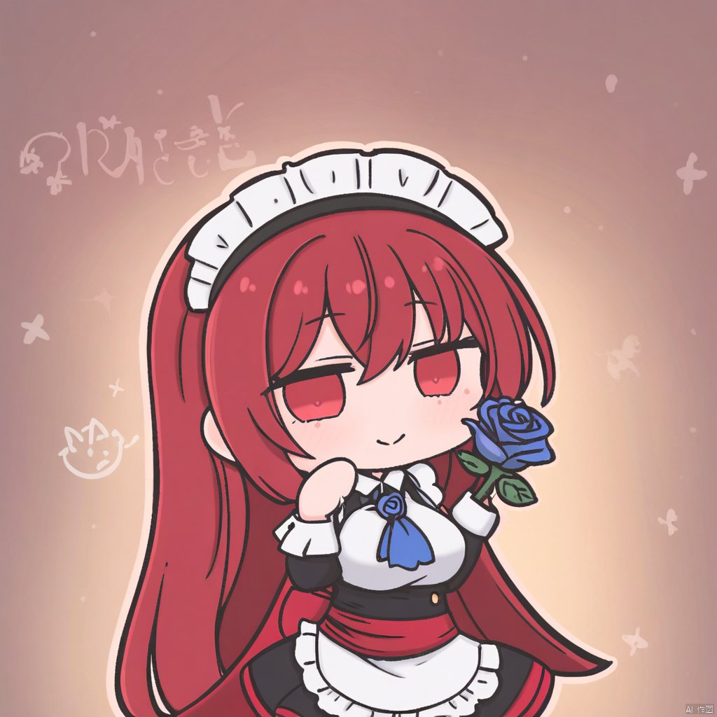 1girl,solo,red hair,red_eyes,red scarf,maid,chibi,
meme,Give you a blue rose,toward the lens,roses,with blue rose,holding,upper body,smile,big rose,blue rose near view,Focus on the blue rose,