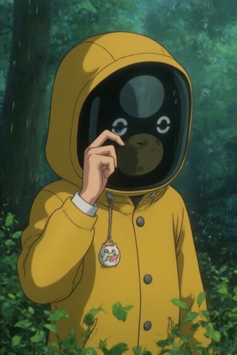 Create a detailed anime-style illustration of a character in a rainy forest setting. The character is clad in a bright yellow raincoat with the hood up, concealing their face behind a reflective screen that displays pixelated anime eyes. The character's hand is raised to adjust the screen, adding a touch of interaction and realism to the scene. A keychain featuring a small, cute cat character and a Tamagotchi-like device dangles from the raincoat's zipper, adding a whimsical element. Raindrops are depicted falling and collecting on the character's raincoat and the surrounding environment, enhancing the sense of a heavy downpour. The background is a dense, dark forest with a misty atmosphere, creating a moody and atmospheric scene. The lighting is soft and diffuse, emphasizing the rain and the character's reflective screen, while the overall composition captures the serene yet mysterious ambiance of the rainy forest.