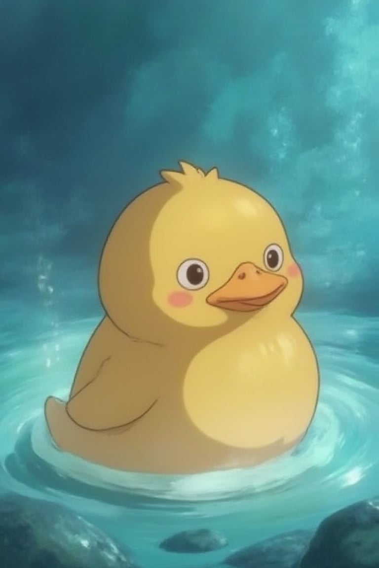 Create a delightful 2D image of a kawaii wizard duck, complete with a chubby body and pouty beak, set against a mystical backdrop of swirling icy blue mist. The duck is adorned in yellow feathers, with cel-shading techniques adding depth and definition to its form. The design features soft, rounded lines, emphasizing its magical charm. The duck's expression is both adorable and wise, with large, expressive eyes that convey its mystical nature. Soft, diffuse lighting enhances the overall whimsical and enchanting atmosphere of the scene, making the wizard duck appear as if it has just stepped out of a fairy tale.