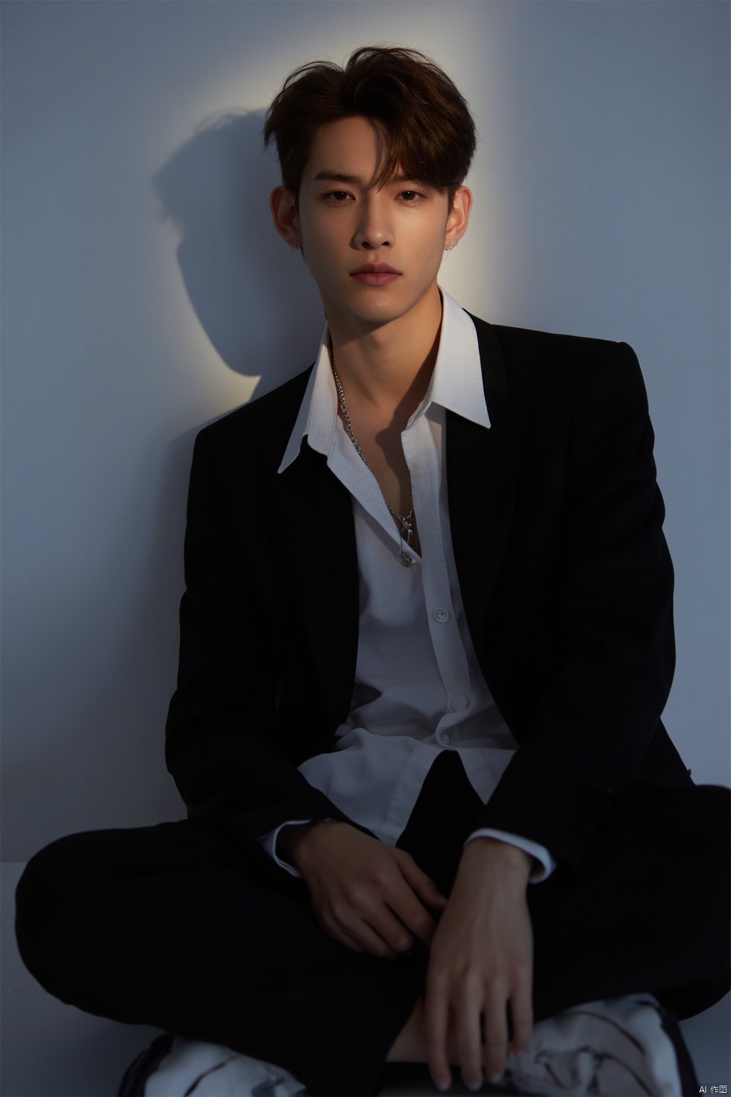 TianHaiPortrait
a young man is seated against a stark white backdrop. He is dressed in a black suit jacket
a white collared button-down shirt
and black pants. His hair is styled in a short bob
and he is wearing a silver chain with a pendant hanging from it. His left hand is resting on his hip
and his right hand is draped over his right shoulder. The man's eyes are focused on the left side of the frame
as if he is posing for the camera. His shadow is cast on the wall behind him
adding a touch of depth to the scene.
light on the face
frontlighting
shadow
