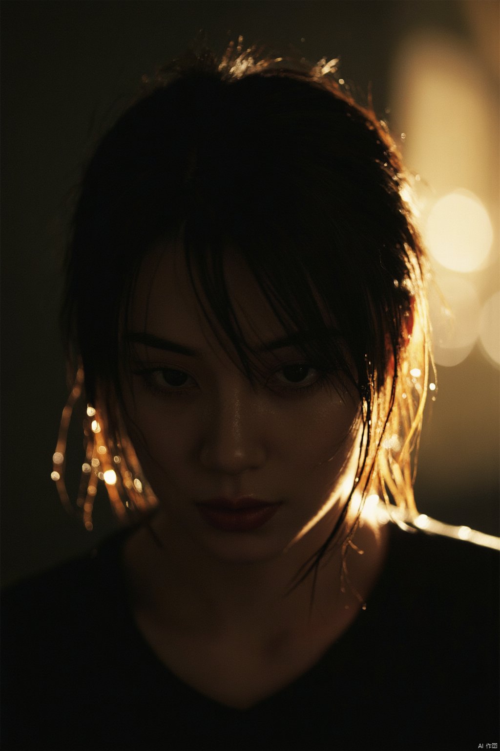 TianHaiPortrait
summer rain dripping down the face of a beautiful 25-year-old woman with a bob cut, (silhouette:1.2, backlight, backlit, high contrast, award winning photo, fine art photography, wet_hair,water on face,