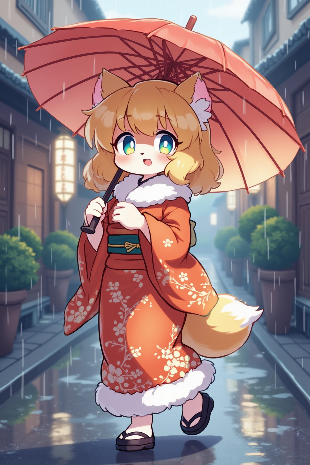 Furry girl , holding umbrella, kimono,rainy street, anime style, child body 