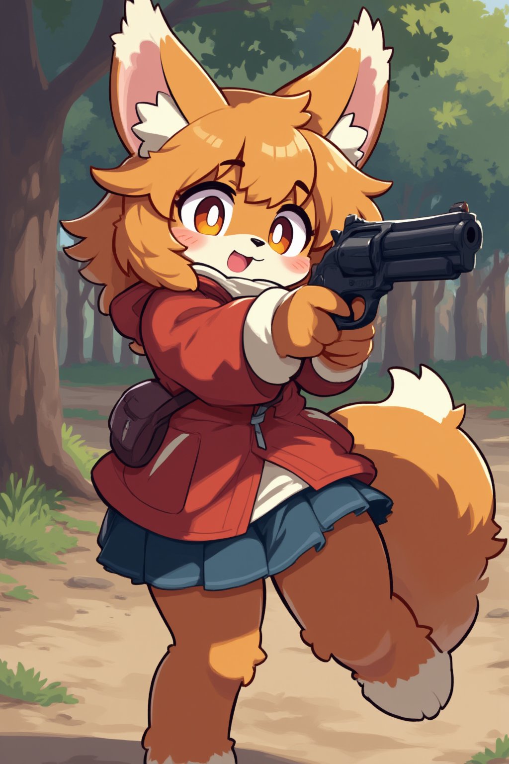 A furry girl is at the shooting range and she is holding a Revolver, anime style, child body