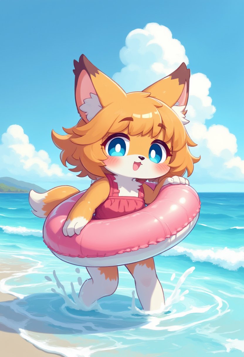 A furry little girl holding a swimming ring and playing in the water at the beach,concept art, anime style