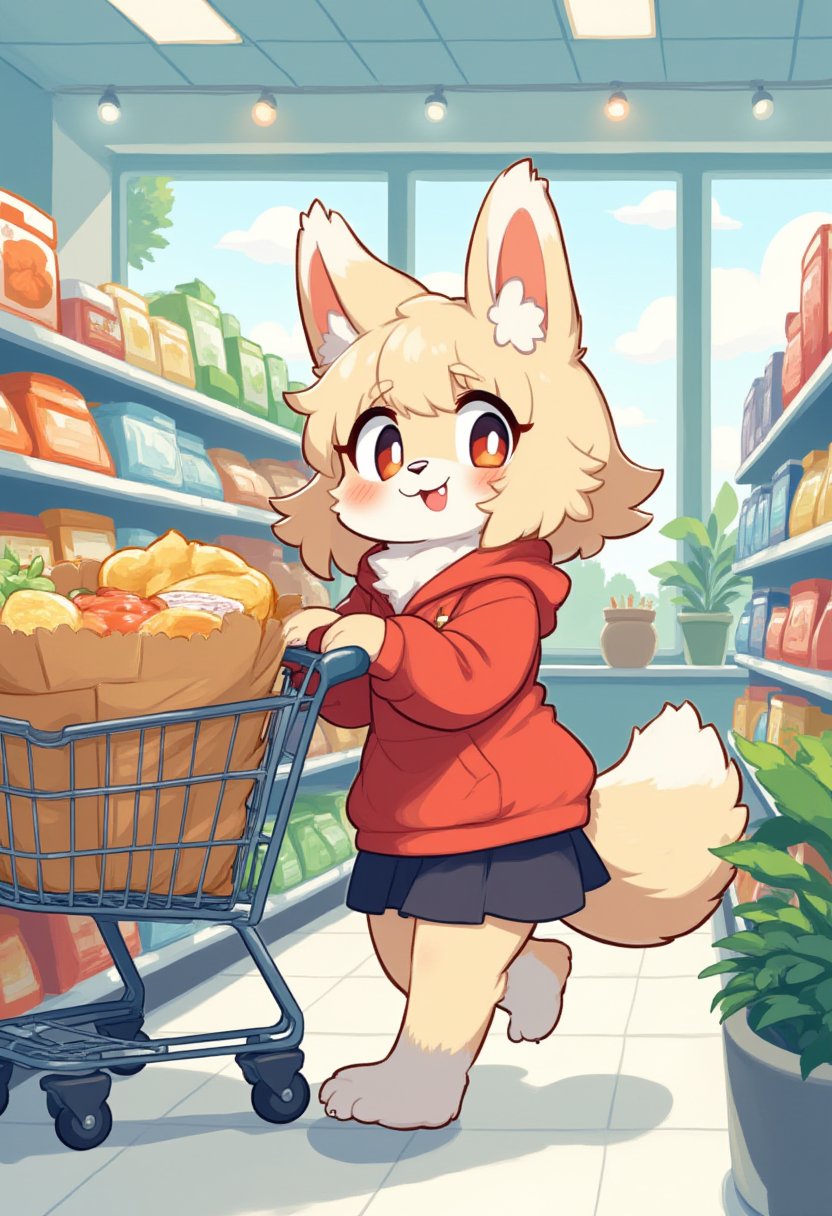 An anime furry girl choosing products in a store, pushing a cart, Picture book style 