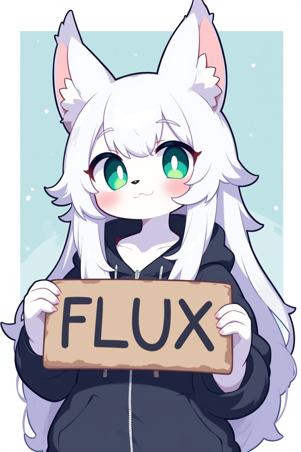 A cute wolf girl with long snow-white hair, holding a sign in her hand that says FLUX, green eyes, black hooded jacket, moe anime style, Flat color