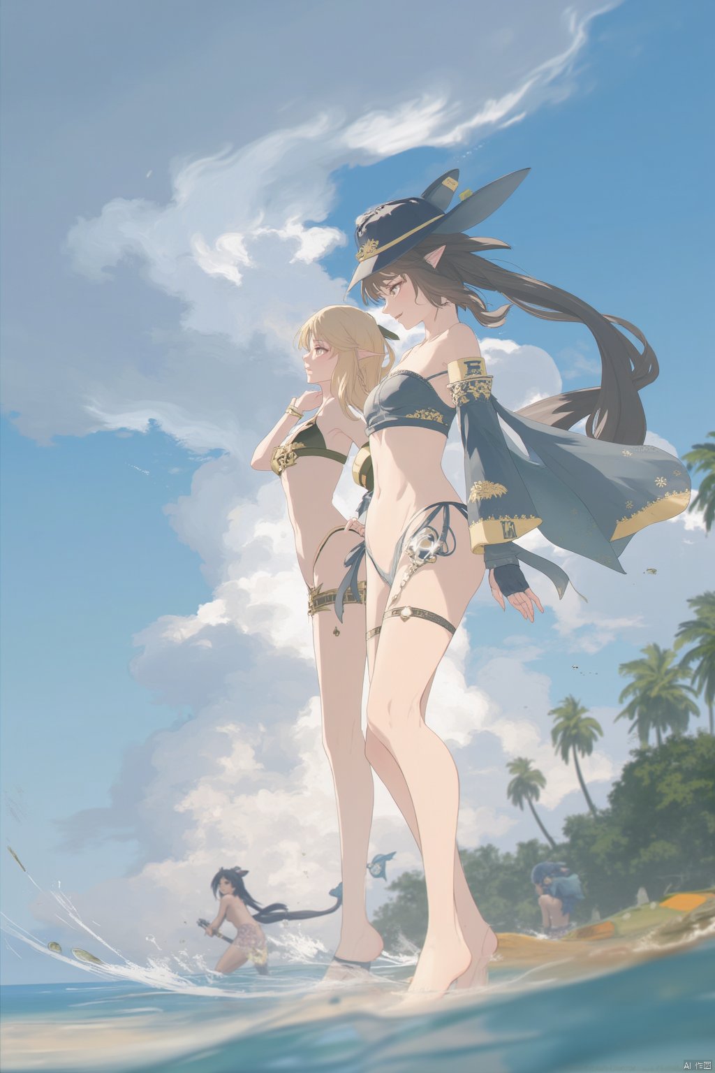 klee \(genshin impact\), multiple girls, hat, 2girls, sky, long hair, outdoors, official alternate costume, pointy ears, light brown hair, cloud, detached sleeves, twintails, palm tree, sidelocks, black hair, cloudy sky, standing, ahoge, blue sky, jean \(genshin impact\), depth of field, swimsuit, watercraft, blonde hair, ocean, tree, blurry, low twintails, scenery, :d, long sleeves, wind, hair bow, smile