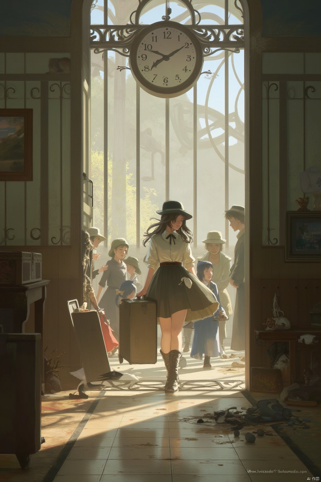  hat, clock, walking, indoors, suitcase, bird, scenery, 6+boys, boots, holding, multiple girls, multiple boys, pants