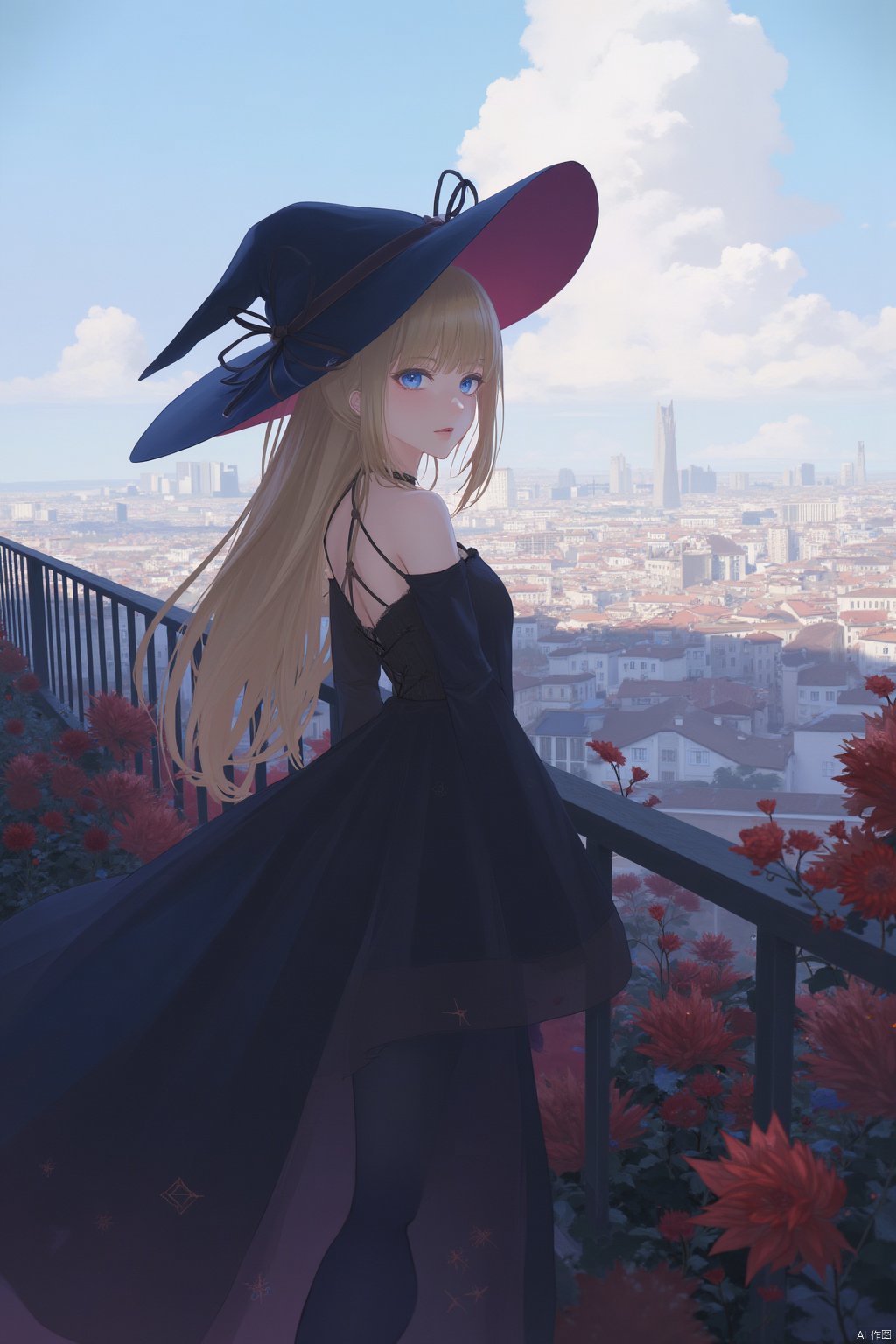  1girl, solo, long hair, hat, blue eyes, dress, witch hat, blonde hair, scenery, outdoors, looking at viewer, cityscape, railing, black dress, flower, looking back, sky, cloud, thighhighs, witch, bangs, bare shoulders, red flower, city, black headwear