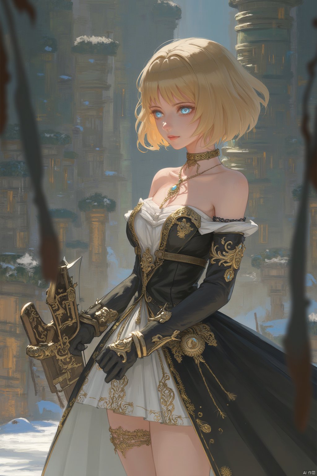 1girl, blonde hair, solo, blue eyes, short hair, dress, jewelry, bare shoulders, breasts, scenery, weapon, necklace