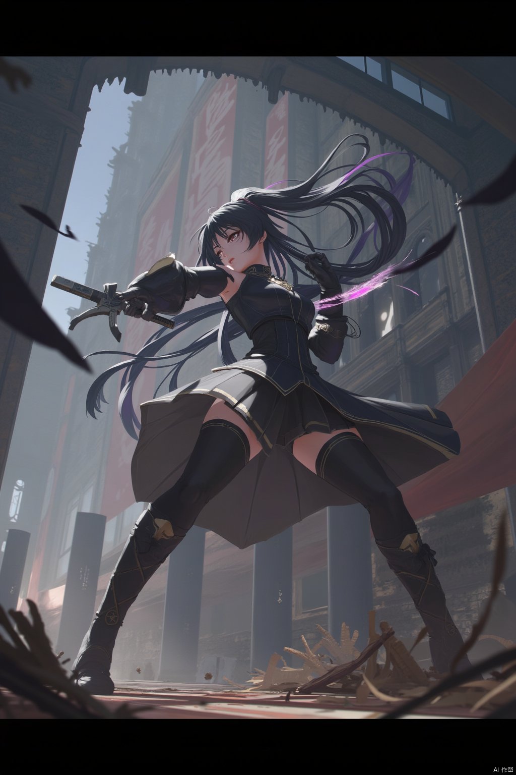  1girl, letterboxed, long hair, solo, thighhighs, black thighhighs, very long hair, weapon, fighting stance, building, gloves, holding