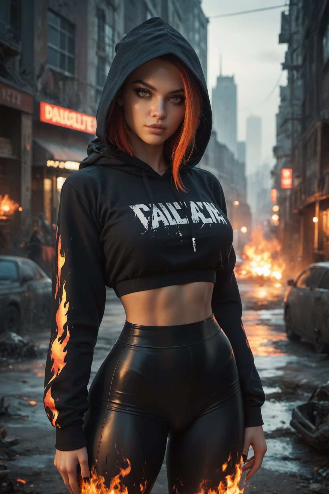 score_9, score_8_up, score_7_up, vigilante girl, hoodie on, leggings, large hip, thin waist, pop hip, flames behind, dark, apocalypse, city