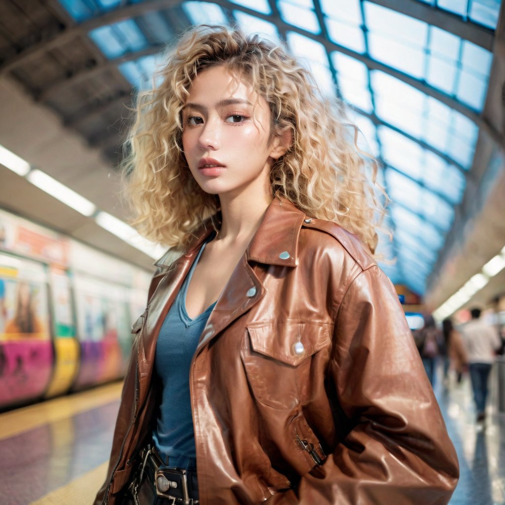 Realistic 16K resolution photography of 1girl with big blond curly hair, wearing a brown loose leather jacket and leather pants, black boots, and a slender black Western sword on her shoulder, walking in the MRT station with a huge colorful glass canopy and columns behind, illuminated by film grain, realistic skin, dramatic lighting, soft lighting, exaggerated perspective of ((Wide-angle lens depth)),Enhanced All,