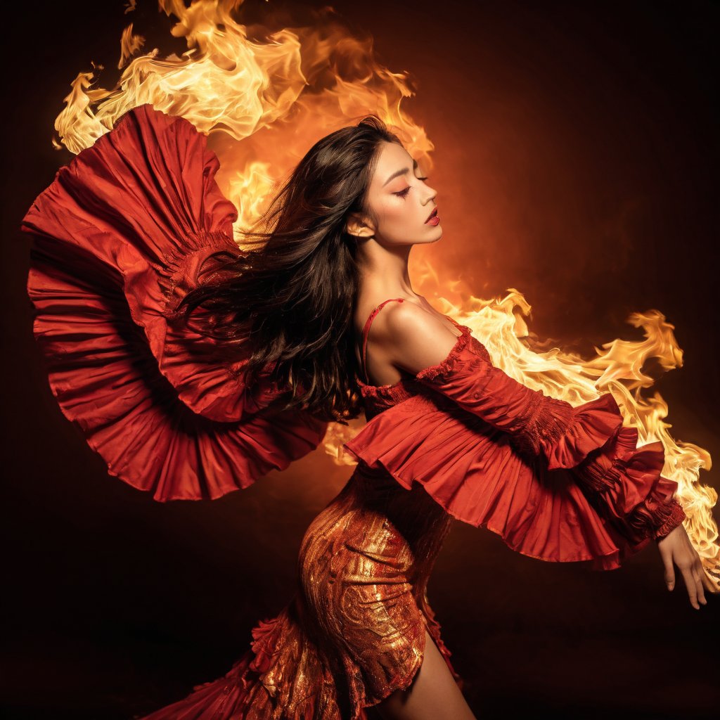 Realistic 16K resolution photography of 1girl who is passionate Spanish flamenco dancer, her body ablaze with vibrant flames. She wears a traditional red flamenco dress with ruffles, the fabric seamlessly blending into tongues of fire. Her arms are raised gracefully above her head, fingers positioned in a classic flamenco pose. Her long dark hair whips dramatically around her face, partially obscured by the fire. The dancer's expression is intense and focused, her eyes closed in concentration. She stands on one leg, the other kicked back in a dynamic pose. Flames lick up from the ground around her feet, engulfing her entire body but leaving her unharmed. , illuminated by film grain, realistic skin, dramatic lighting, soft lighting, exaggerated perspective of ((Wide-angle lens depth)),Enhanced All,