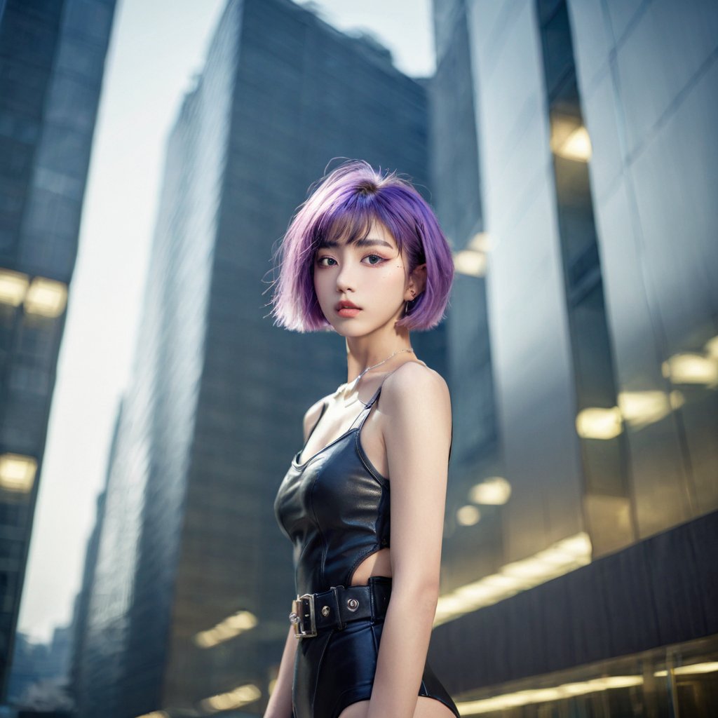 Realistic 16K resolution photography of 1 girl standing above high rise buildings,
break,
1girl,Purple hair, short hair, leather tights, Exquisitely perfect symmetric very gorgeous face, Exquisite delicate crystal clear skin, Detailed beautiful delicate eyes, perfect slim body shape, slender and beautiful fingers, legs, perfect hands, legs, illuminated by film grain, realistic style, realistic skin texture, dramatic lighting, soft lighting, exaggerated perspective of ((Wide-angle lens depth)), extreme detail description,kusanagi motoko,leotard,pants,belt