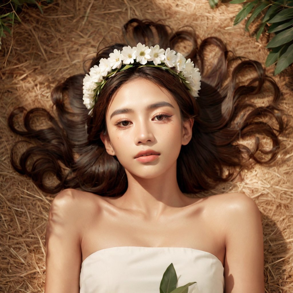 Realistic 16K resolution photography of 1girl with a simple white flower crown on her head. Her hair is long and she is lying on the ground. The sunlight on the trees casts shadows from the leaves on her face and body. The background is a neutral brown color that matches her skin tone. The image is minimalist and solid colors, illuminated by film grain, realistic skin, dramatic lighting, soft lighting, exaggerated perspective of ((Wide-angle lens depth)),Enhanced All,