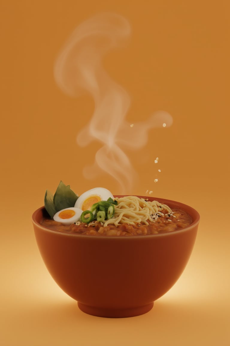 A close-up shot of a steaming hot cup of ramen noodles on a blank background, rendered in Unreal Engine. The noodles are arranged neatly in the bowl, with a few slices of green onion and a sprinkle of sesame seeds adding pops of color. The light is soft and warm, casting a gentle glow on the scene. The subject is centered in the frame, with negative space around it to create a sense of simplicity and focus.