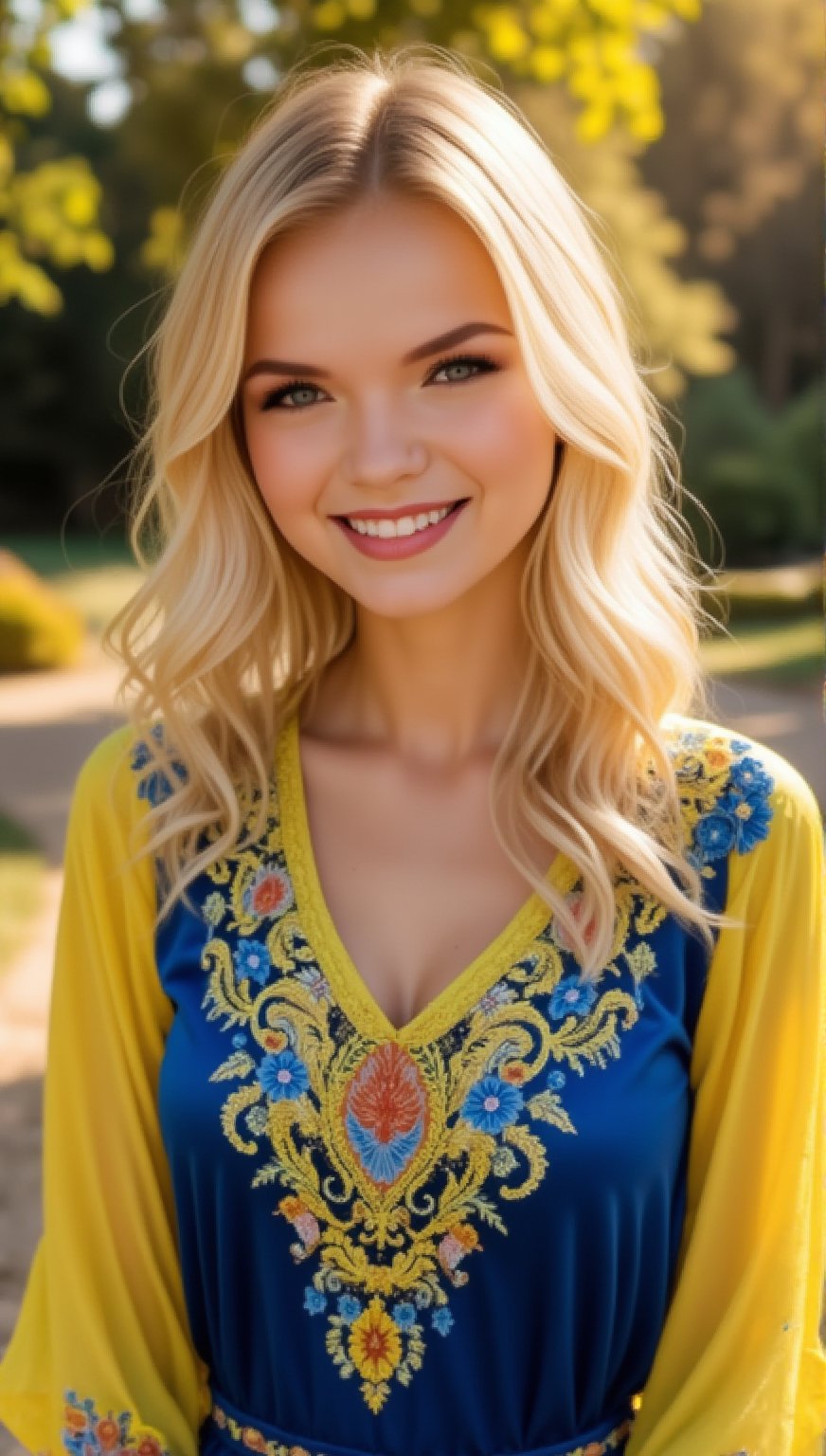 Beautiful young woman, blonde, smiling, (in beautiful Ukrainian national costume of blue and yellow color), sunny day, botanical garden, zaya