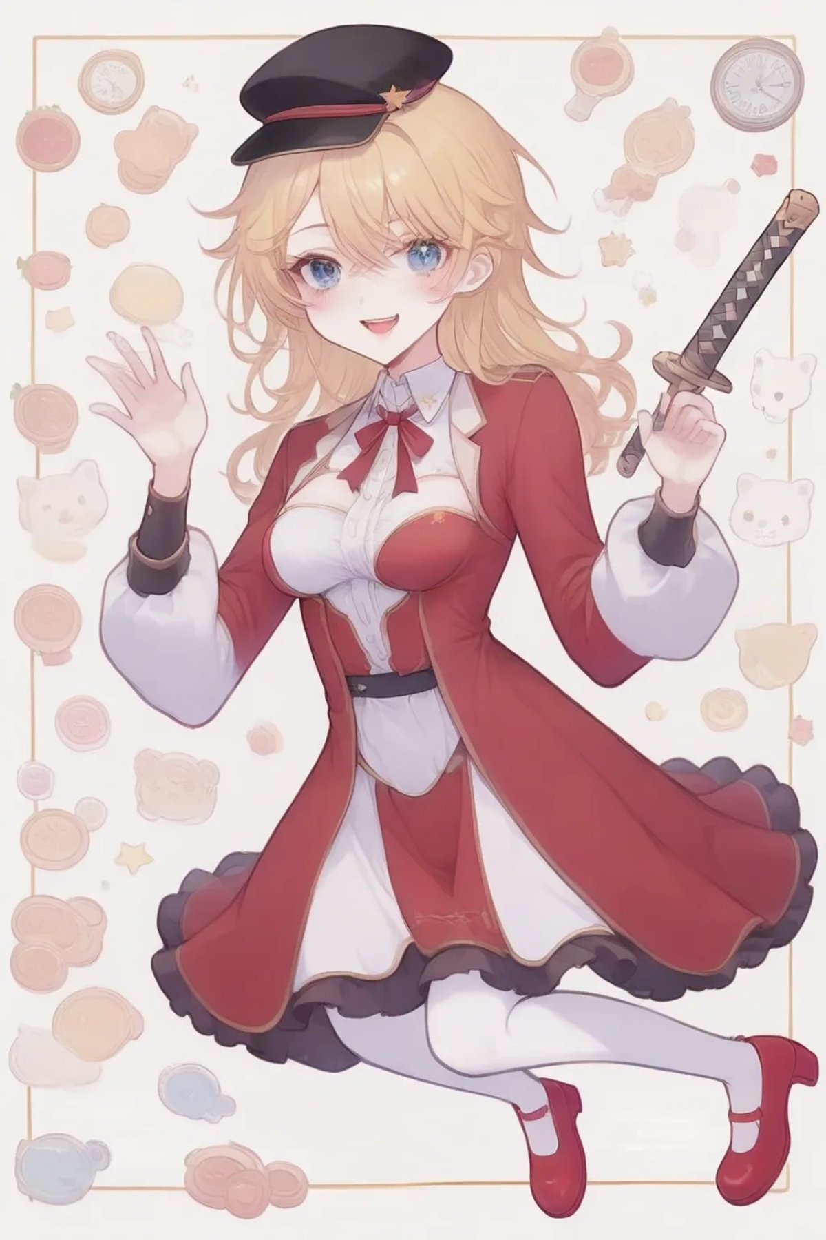 1girl，tsb1111, star print, long sleeves, simple background, ribbon, armor, juliet sleeves, medium breasts, full body, blonde hair, looking at viewer, pantyhose, star \(symbol\), weapon, puffy sleeves, red footwear, print pantyhose, white background, wide sleeves, hat, white pantyhose, sword, blush, :d, red dress, petticoat, shoes, armored dress, standing on one leg, faulds, open mouth, red ribbon, blue eyes, solo, breasts, long hair, standing, frills, dress, smile, masterpiece, newest, absurdres, safe <lora:tsb1111:1>