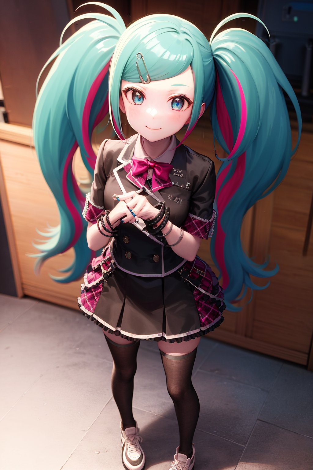 1girl, solo, instrument, thighhighs, guitar, hatsune_miku, twintails, skirt, hair_ornament, hairclip, black_thighhighs, buttons, long_hair, electric_guitar, white_background, bow, shoes, full_body, zettai_ryouiki, jewelry, white_footwear, plaid, holding_instrument, simple_background, bracelet, holding, looking_at_viewer, bowtie, frills, floating_hair, multicolored_hair, smile, green_hair, pink_bow, closed_mouth, pink_bowtie, ribbon, wristband, shirt, jacket, plaid_skirt, frilled_skirt, nail_polish, black_jacket, aqua_eyes, aqua_nails, short_sleeves, layered_skirt, fingernails, sneakers, bangs, blue_eyes, streaked_hair, bass_guitar, pleated_skirt, pink_skirt,leo/need_miku