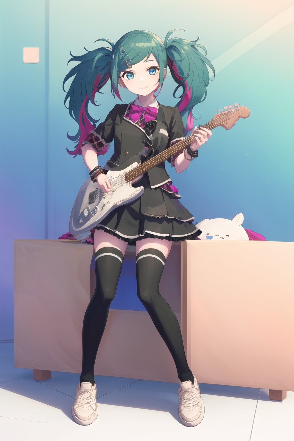 1girl, solo, instrument, thighhighs, guitar, hatsune_miku, twintails, skirt, hair_ornament, hairclip, black_thighhighs, buttons, long_hair, electric_guitar, white_background, bow, shoes, full_body, zettai_ryouiki, jewelry, white_footwear, plaid, holding_instrument, simple_background, bracelet, holding, looking_at_viewer, bowtie, frills, floating_hair, multicolored_hair, smile, green_hair, pink_bow, closed_mouth, pink_bowtie, ribbon, wristband, shirt, jacket, plaid_skirt, frilled_skirt, nail_polish, black_jacket, aqua_eyes, aqua_nails, short_sleeves, layered_skirt, fingernails, sneakers, bangs, blue_eyes, streaked_hair, bass_guitar, pleated_skirt, pink_skirt,leo/need_miku