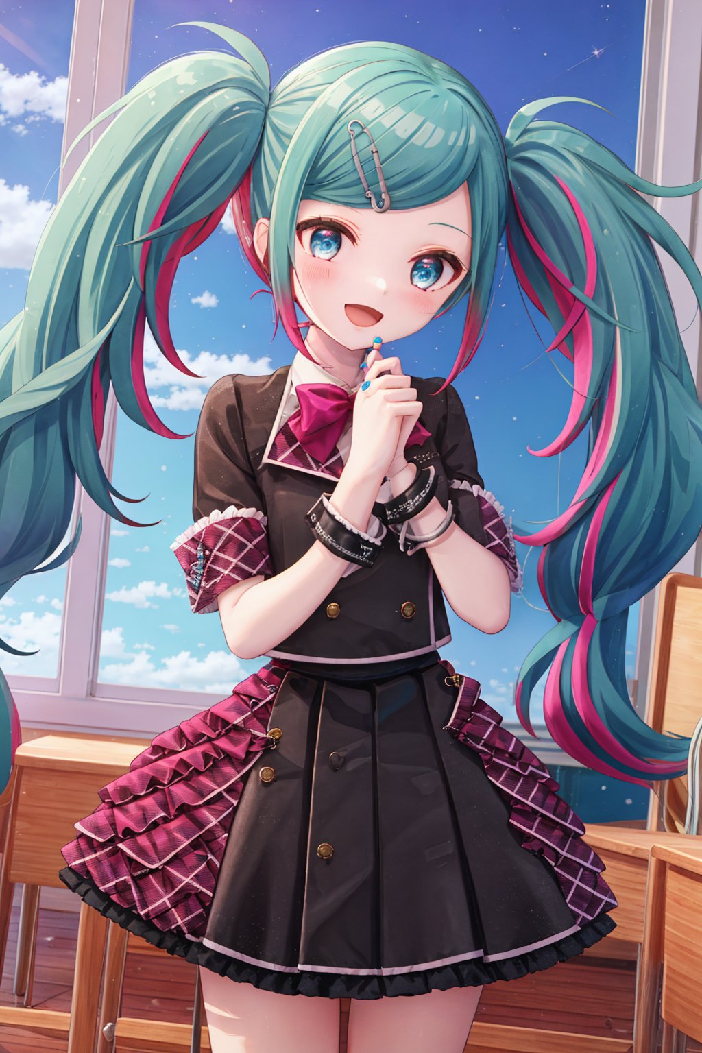 1girl, solo, hatsune_miku, twintails, blue_eyes, instrument, looking_at_viewer, open_mouth, smile, guitar, long_hair, bow, skirt, hair_ornament, electric_guitar, shirt, bowtie, wrist_cuffs, short_sleeves, green_hair, multicolored_hair, red_hair, holding, blush, pink_bow, nail_polish,leo/need_miku,streaked_hair