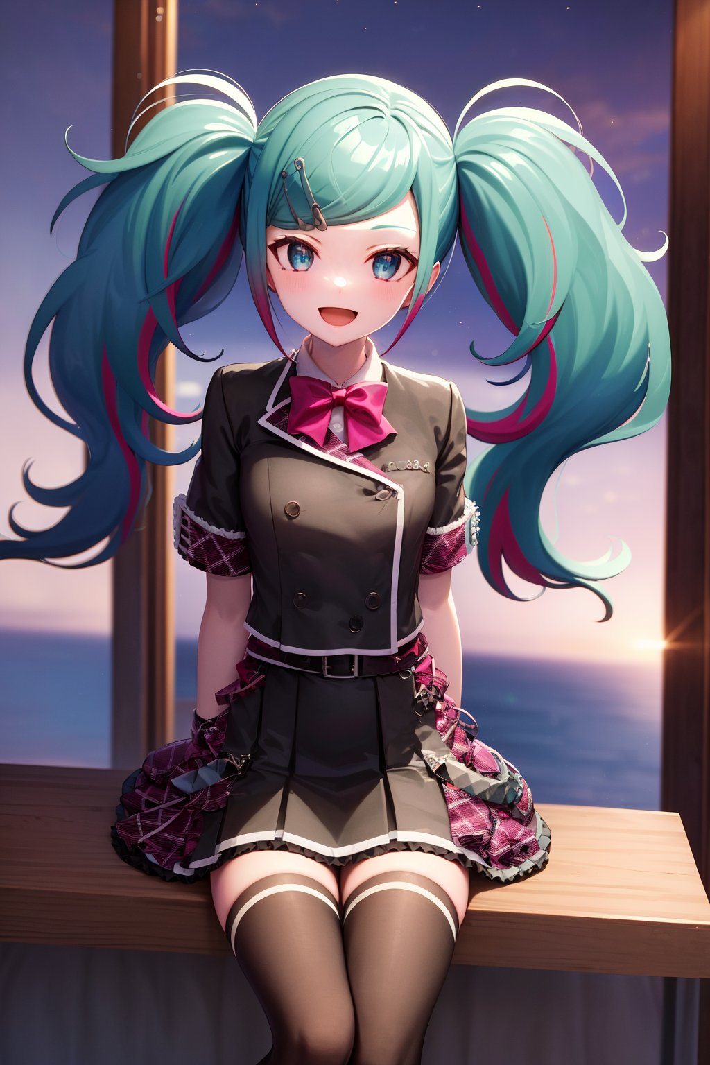 1girl, solo, star_(sky), starry_sky, hatsune_miku, sky, skirt, thighhighs, black_thighhighs, buttons, twintails, pleated_skirt, long_hair, night, bow, outdoors, hair_ornament, multicolored_hair, open_mouth, sitting, smile, double-breasted, black_skirt, night_sky, jacket, hairclip, shirt, black_jacket, streaked_hair, swept_bangs, plaid, short_sleeves, zettai_ryouiki, bowtie, very_long_hair, railing, wrist_cuffs, frills, aqua_hair, looking_afar, bangs, arm_support, aqua_eyes, collared_shirt, blue_eyes, plaid_skirt, white_shirt, belt, single_horizontal_stripe, :d, gradient_sky, dot_nose, feet_out_of_frame, triangle, red_bow, pink_hair,leo/need_miku