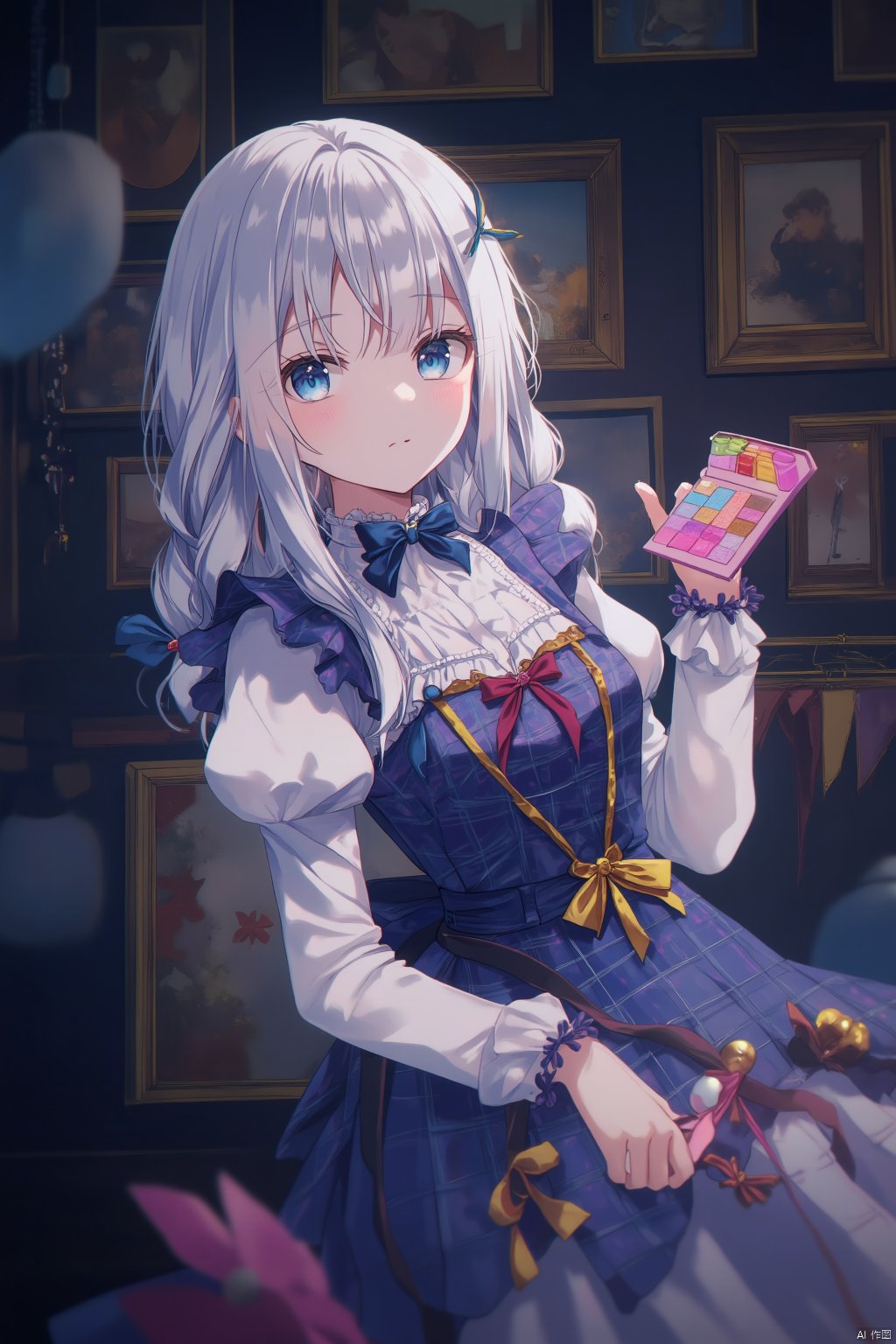 Anime style,The image is an illustration of a young girl with long white hair and blue eyes. She is wearing a blue and purple plaid dress with a gold bow on the waist. The dress has a high neckline and long sleeves. The girl is holding a small pink box with multiple compartments, which appears to be a makeup palette. The background is a dark room with a chandelier hanging from the ceiling and several framed pictures hanging on the wall. The overall mood of the image is romantic and whimsical.