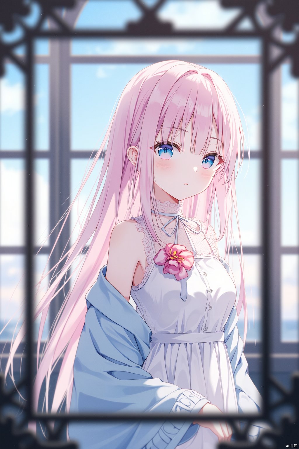 The image is an illustration of a young girl with long pink hair and blue eyes. She is wearing a white dress with a pink flower on the collar and a blue shawl draped over her shoulders. The girl is standing in front of a window with a blue sky and white clouds in the background. She has a peaceful expression on her face and is looking off to the side. The image is framed by a black metal frame with intricate details. The overall mood of the image is calm and serene.