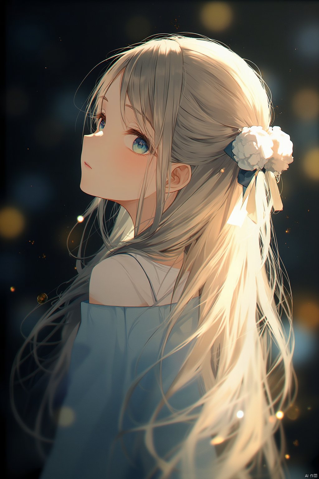 The image is a digital illustration of a young girl with long blonde hair and blue eyes. She is facing away from the viewer, with her head tilted slightly to the side. Her hair is styled in a half-up, half-down ponytail with a small white flower in the center. The background is dark and blurred, with small gold dots scattered throughout. The overall mood of the image is dreamy and ethereal.