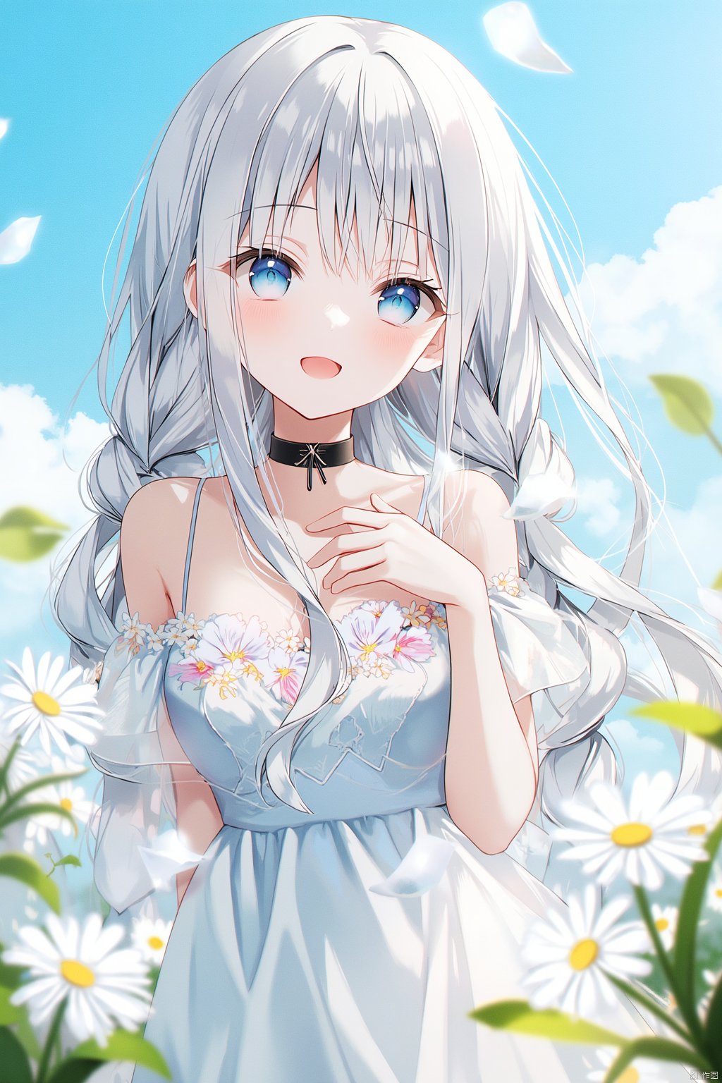 The image is an illustration of a young girl with long white hair and blue eyes. She is standing in a field of daisies with a blue sky in the background. The girl is wearing a white dress with a floral pattern and has a black choker necklace around her neck. She has a peaceful expression on her face and is looking off to the side. The overall mood of the image is serene and peaceful.