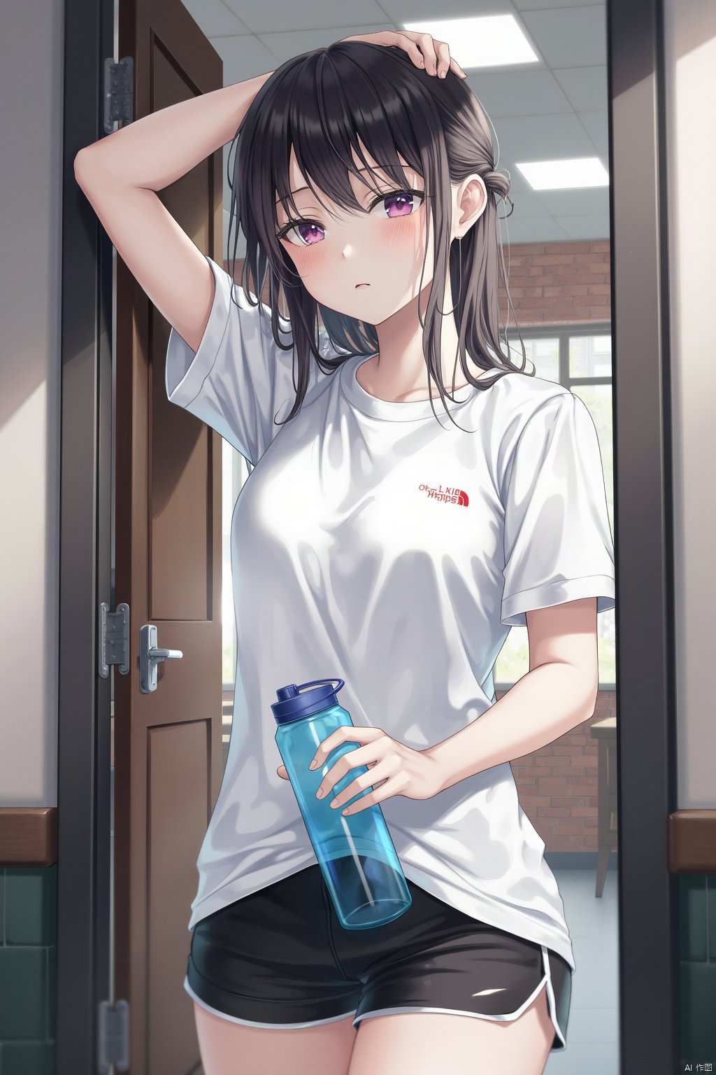 The image is an illustration of a young girl standing in front of a door. She is wearing a white t-shirt with a red logo on it and black shorts. She has long black hair and is holding a blue water bottle in her right hand. Her left hand is resting on her head and she is looking directly at the camera with a serious expression. The background appears to be a room with a brick wall and a window. The overall mood of the image is casual and relaxed.