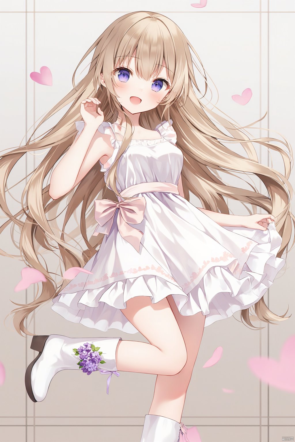 An animated image of a girl with long blonde hair and blue eyes. She is wearing a white dress with a pink ribbon tied around her waist. Her boots are white with purple flowers on them. Behind her