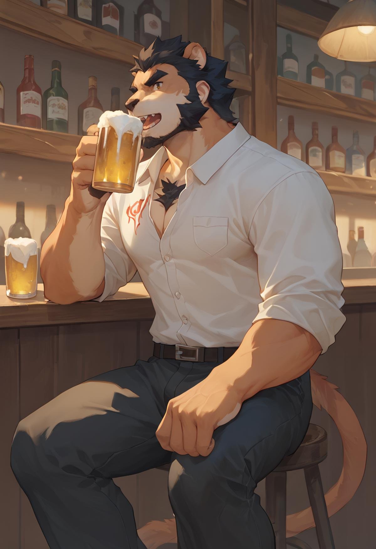 score_9, score_8_up, score_7_up,  detailed, <lora:Alcander_furry:0.8>,alcanderlion, bara, solo male, tail, medium shot, casual shirt, black pants, sitting at the bar, open mouth, drinking beer, 