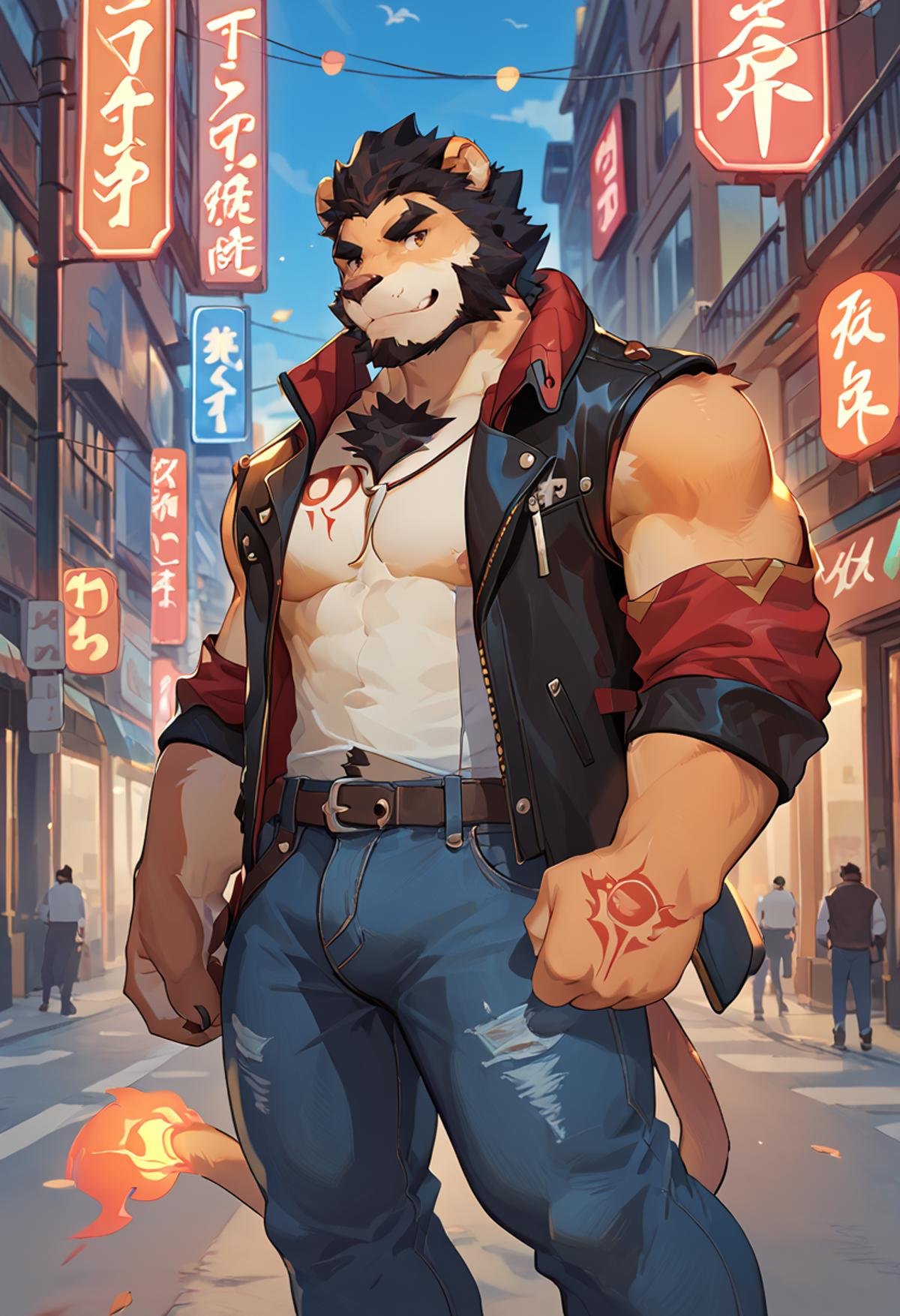 Masterpiece, score_9, score_8_up, detailed, <lora:Alcander_furry:1>,alcanderlion, bara, lion boy,furry, leather jacket, dark jeans, neon lights, city street, mist