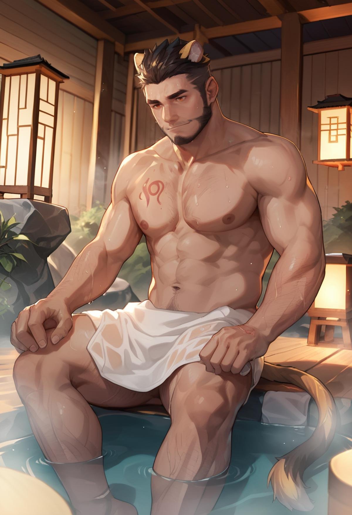 Alcander,score_9, score_8_up, score_7_up, male, beard, animal ears, tail, <lora:Alcander:1>, mature,  talking, relaxed, friendly atmosphere, detailed expressions, realistic lighting, high-quality, vibrant colors, detailed background, shirtless, orange, wet, sweat, wet hair, hot spring, towel, side view, low angle, sitting