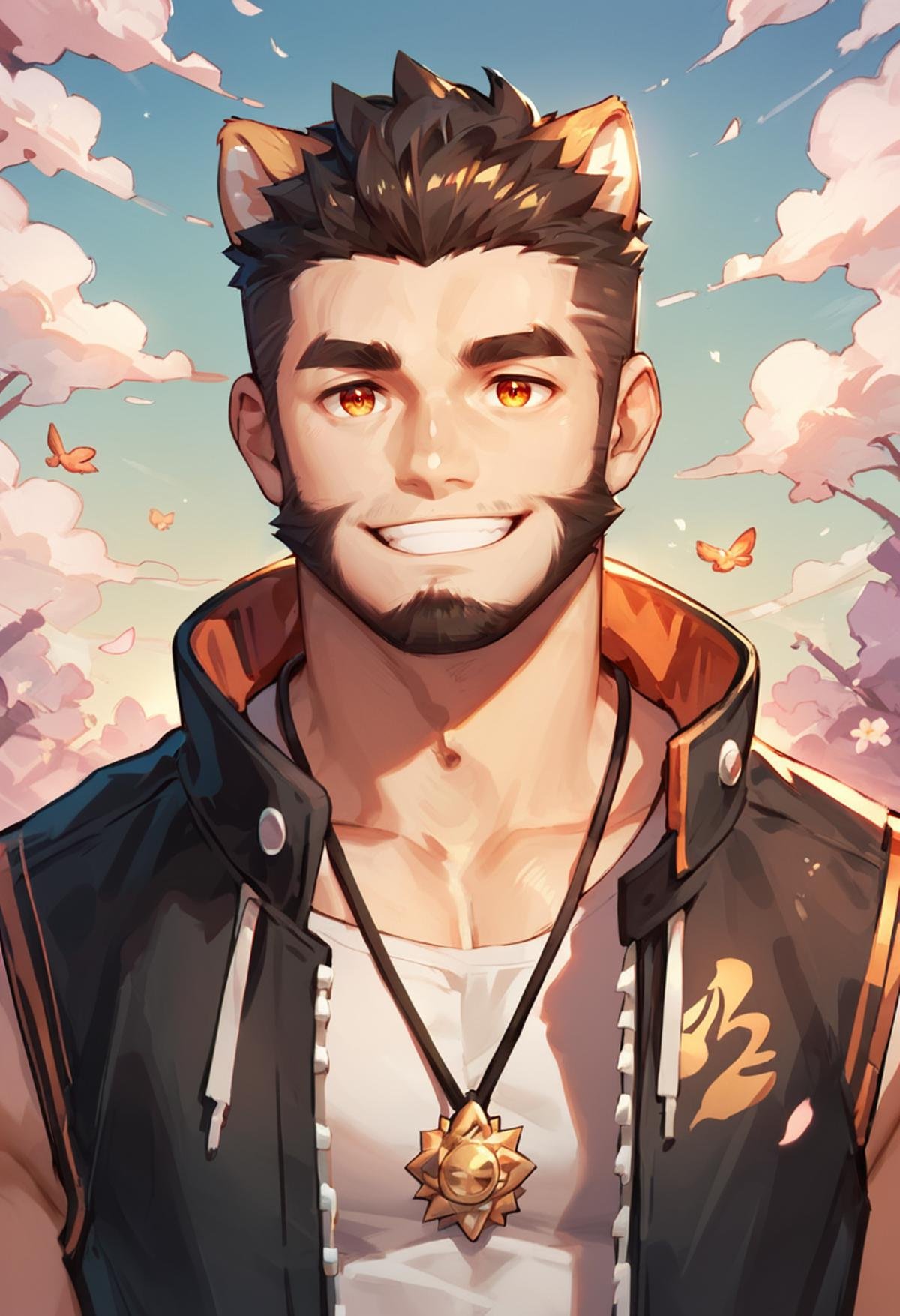 Alcander,score_9, score_8_up, score_7_up,male, beard, animal ears, tail, <lora:Alcander:0.8>, portrait, jacket, smile, detail eyes, cheerful, vibrate background