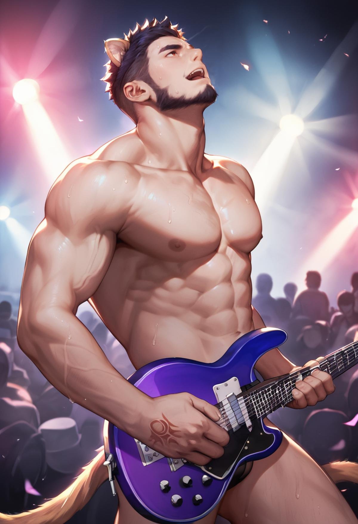 Alcander,score_9, score_8_up, score_7_up,male, beard, animal ears, tail, <lora:Alcander:0.8>, detailed, photorealistic, solo male, playing electric guitar, intense expression, stage performance, dynamic pose, sweat on forehead, strong muscles, revealing clothes, spotlight shining on him, vibrant color hues, blue and purple lighting, dark concert hall, smoke effects, crowd blurred in background, glowing stage lights, high-energy atmosphere, focused and passionate, music flowing through him, open mouth, slightly head back