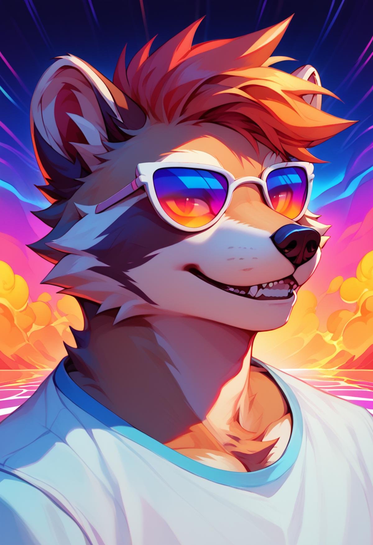 <lora:Russet:1>, russet, furry, mature, male, portrait, portrait, cheerful, positive energy, vibrant background, close up shot , teeth, sparkly, loose shirt, (rainbow syntwave, vaporwave:1.2), scanlines,iconic sunglasses, cool, (lava background:1.3), score_9, score_8_up, score_7_up, score_6_up,