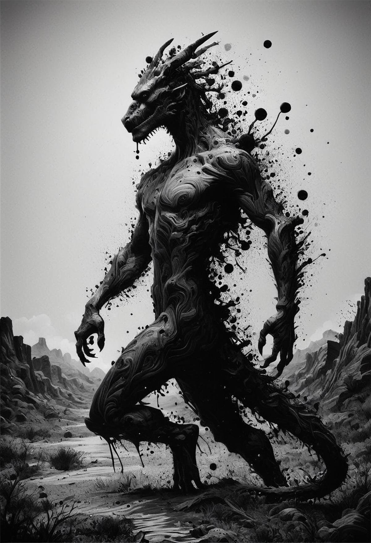 score_9, score_8_up, score_7_up,   <lora:Ink_Splats:1>, ink splats, playing with dragon in a magical desert, cinematic composition, ink, monochrome, landscape, monster