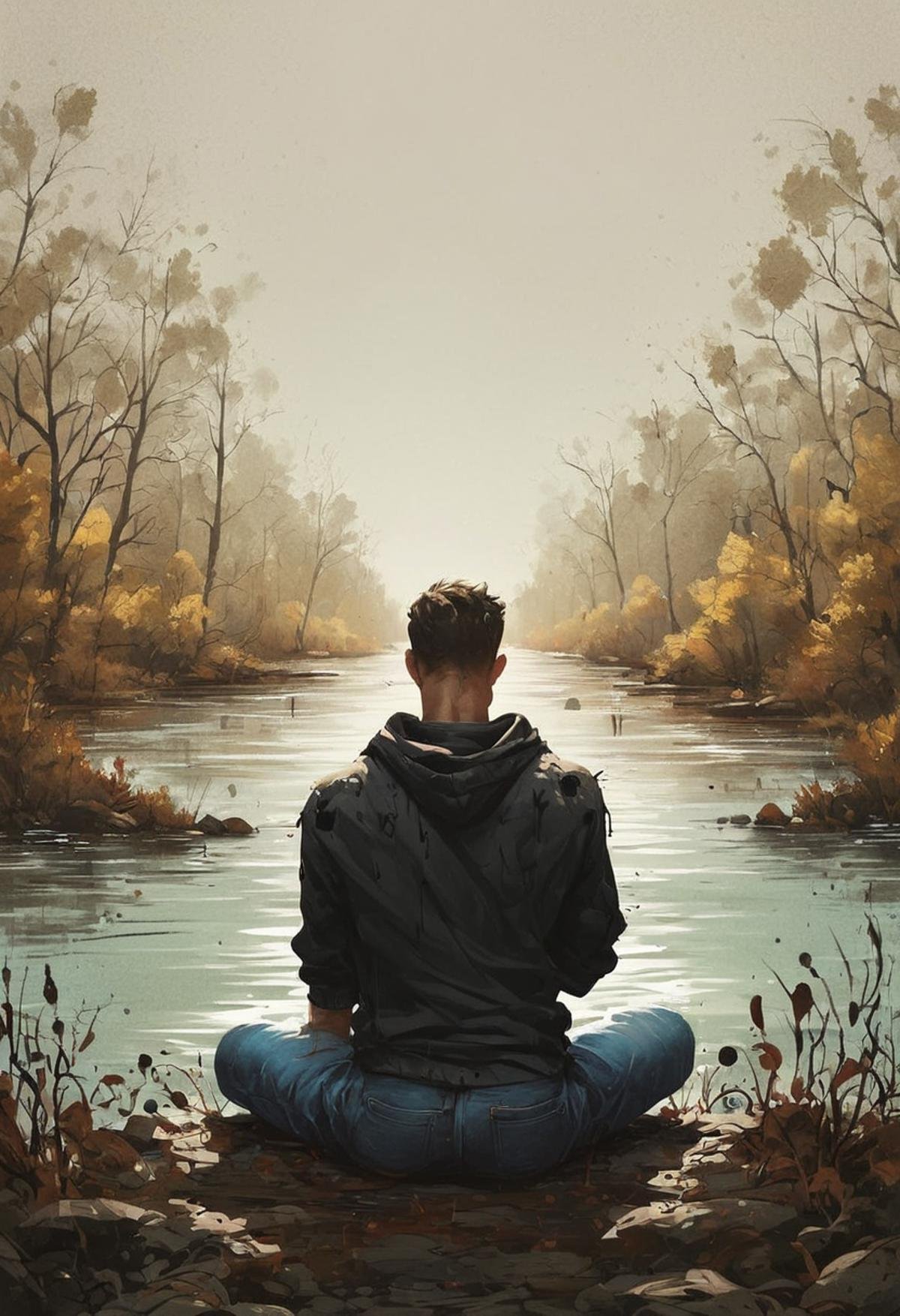 score_9, score_8_up, score_7_up,  <lora:Ink_Splats:1>, ink splats, human male wearing a hoodie, river, sitting on the hill, back view, blue jeans