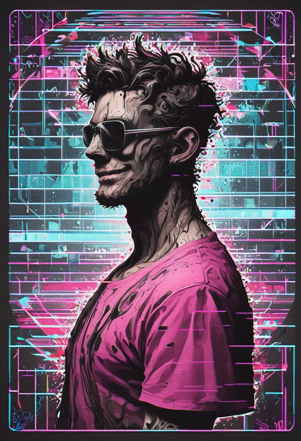 score_9, score_8_up, score_7_up,   <lora:Ink_Splats:1>, ink splats, male, portrait, shirt, vaporwave, scanlines, smile, happy, side view, sunglasses, cool shirt, cool, neon color, shirt, big circle background, 