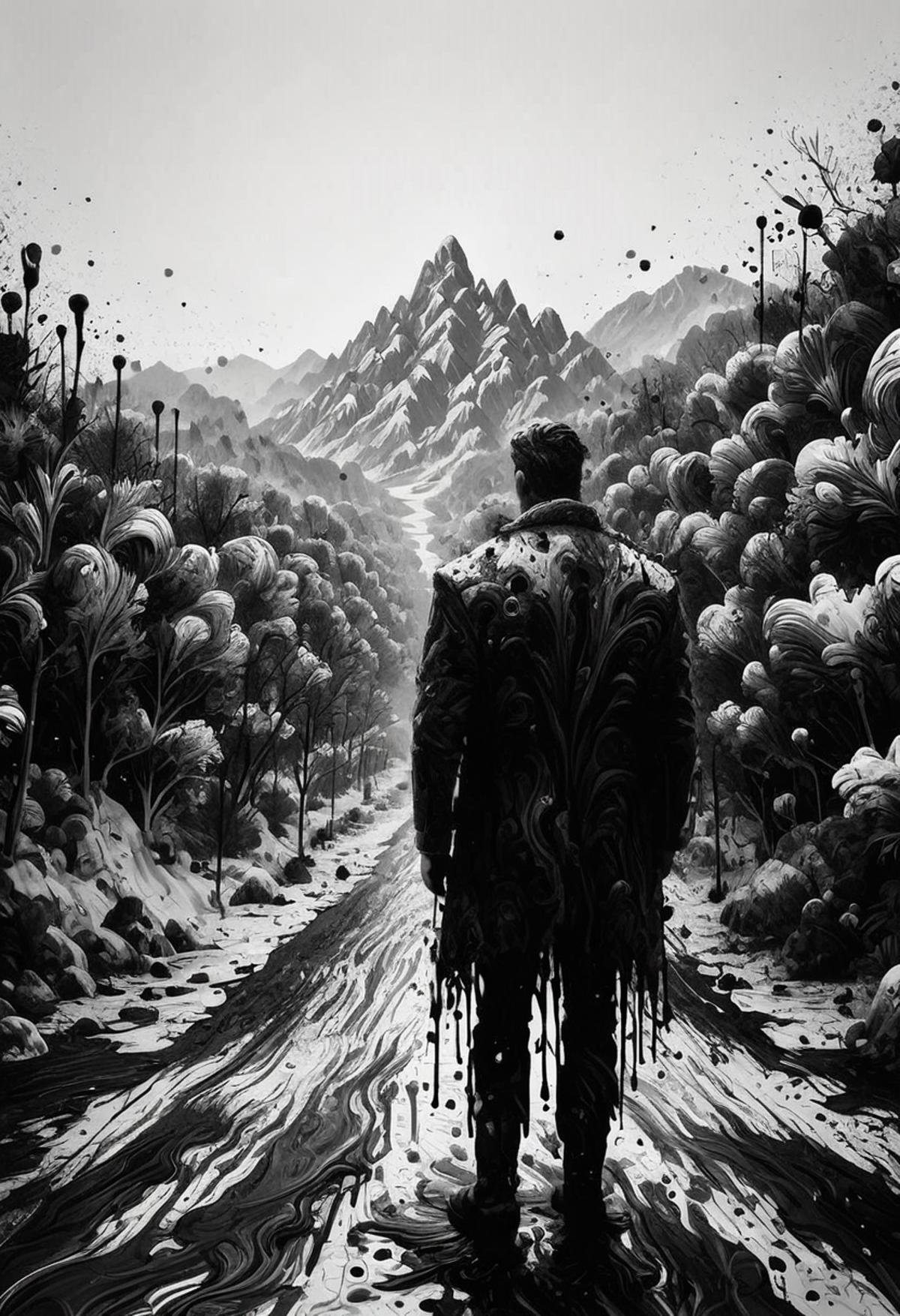 score_9, score_8_up, score_7_up,   <lora:Ink_Splats:1>, ink splats, a magical ice land, frozen land, cinematic composition, ink, monochrome, landscape, human being, jacket, coat,