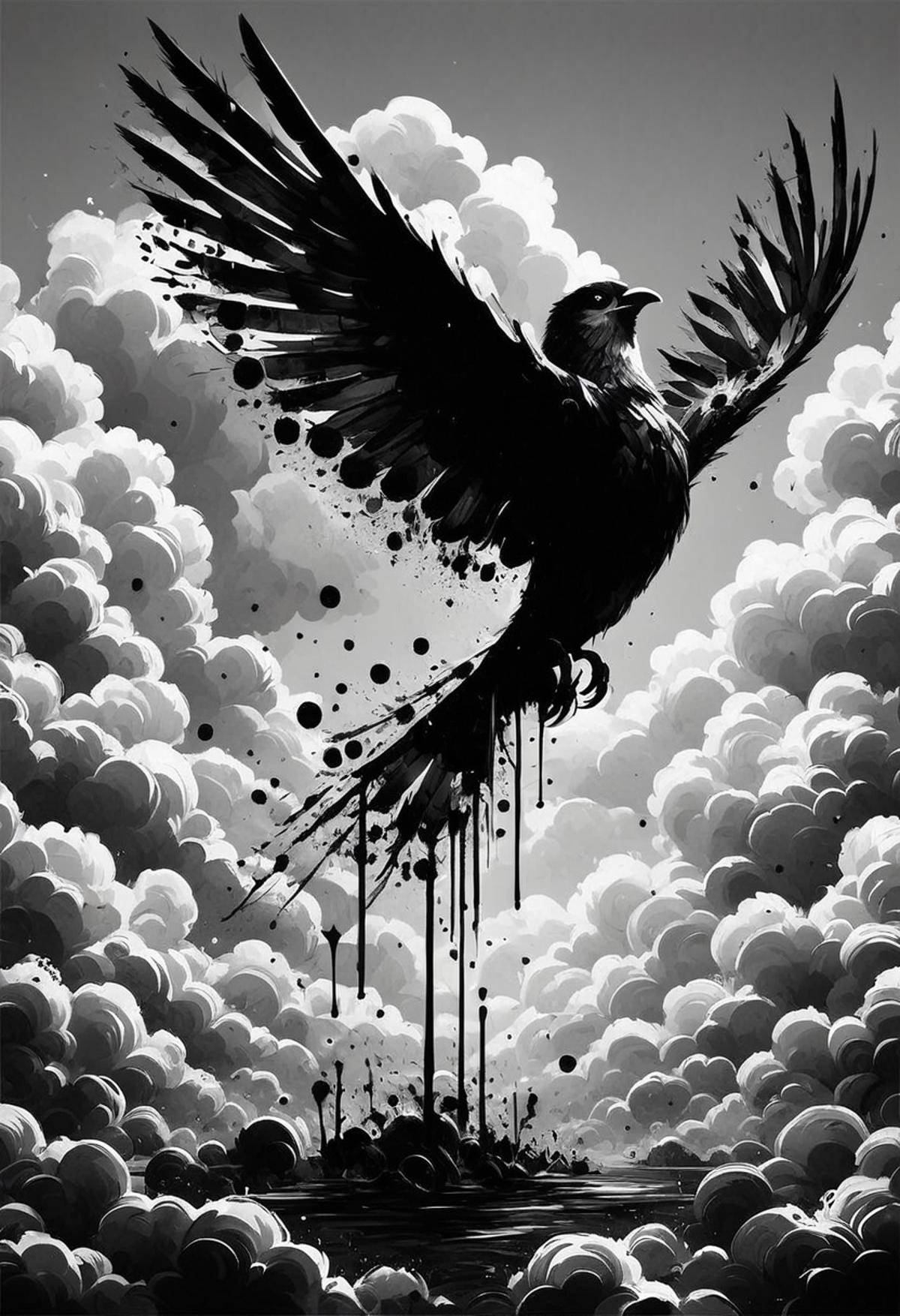 score_9, score_8_up, score_7_up,   <lora:Ink_Splats:1>, ink splats, cinematic composition, ink, monochrome, hawk, cloud, sky, top down view