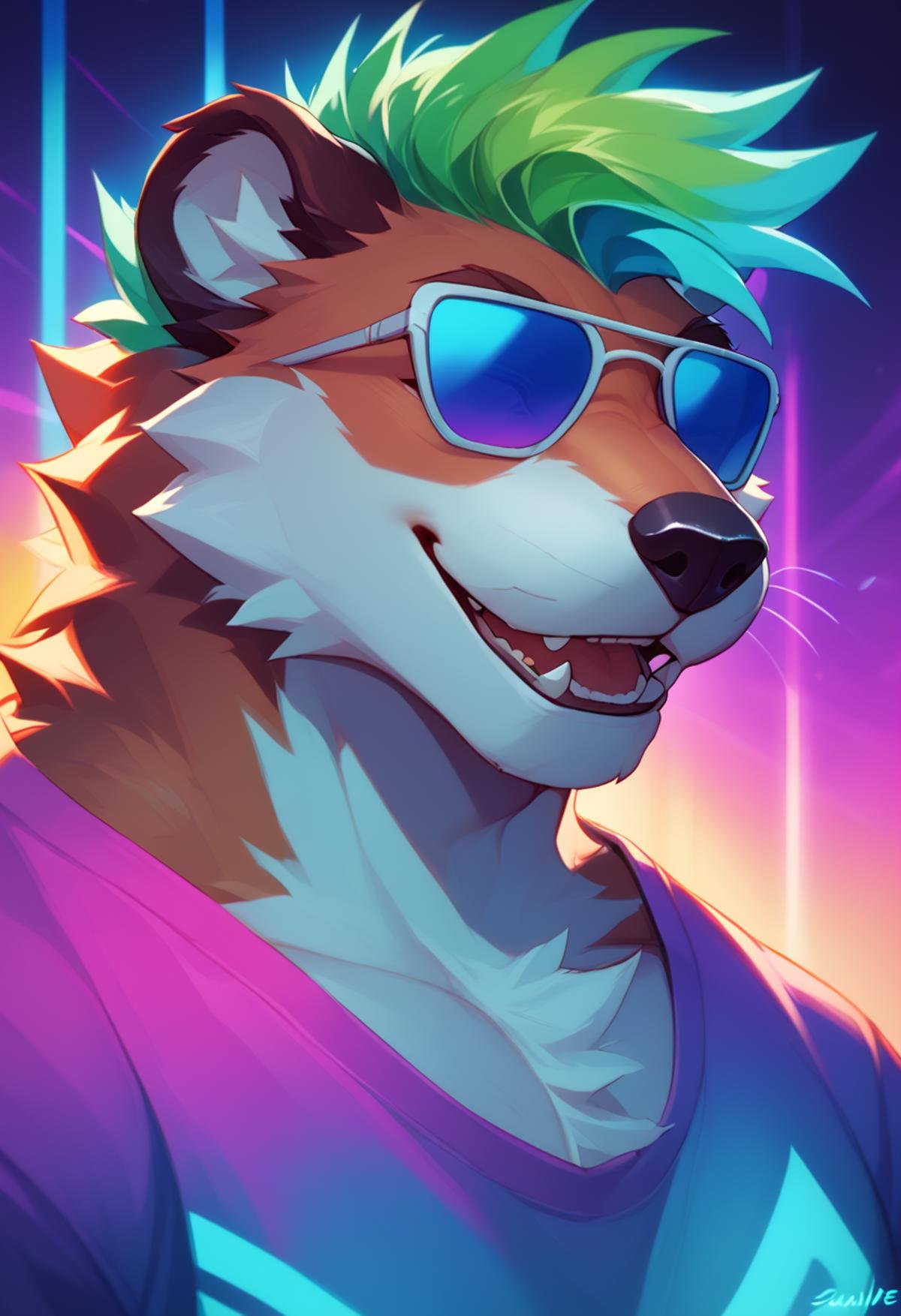 <lora:Verdion:1>, furry,  mature, male, portrait, portrait, cheerful, positive energy, vibrant background, close up shot, sparkly, loose shirt, rainbow syntwave, vaporwave, scanlines, dark background,iconic sunglasses, cool,,, score_9, score_8_up, score_7_up, score_6_up,