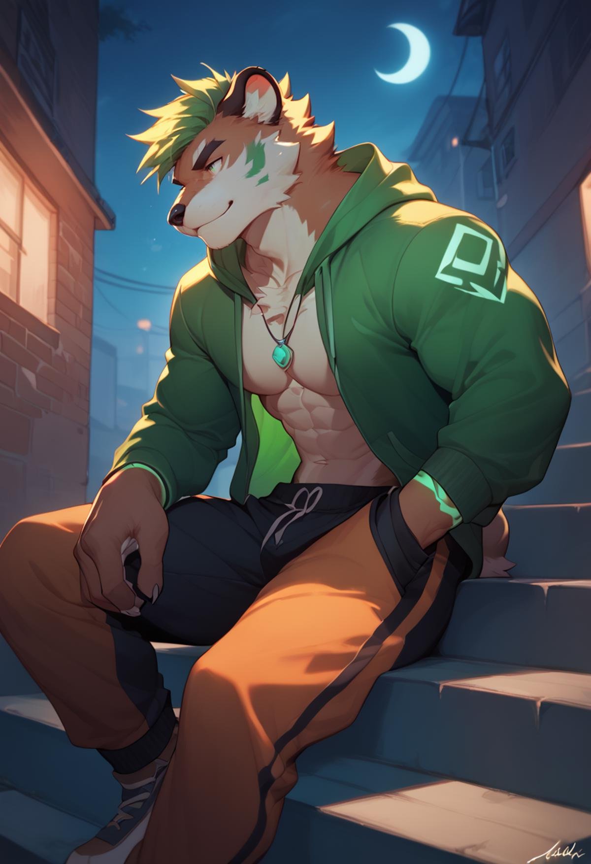 <lora:Verdion:1>, verdion, male focus, 1boy, solo, furry, animal ears, muscular, muscular male, bara, pectorals, green hair, Sporting a graphic hoodie and sweatpants, sitting on the stair in the alley, night, score_9, score_8_up, score_7_up, score_6_up,