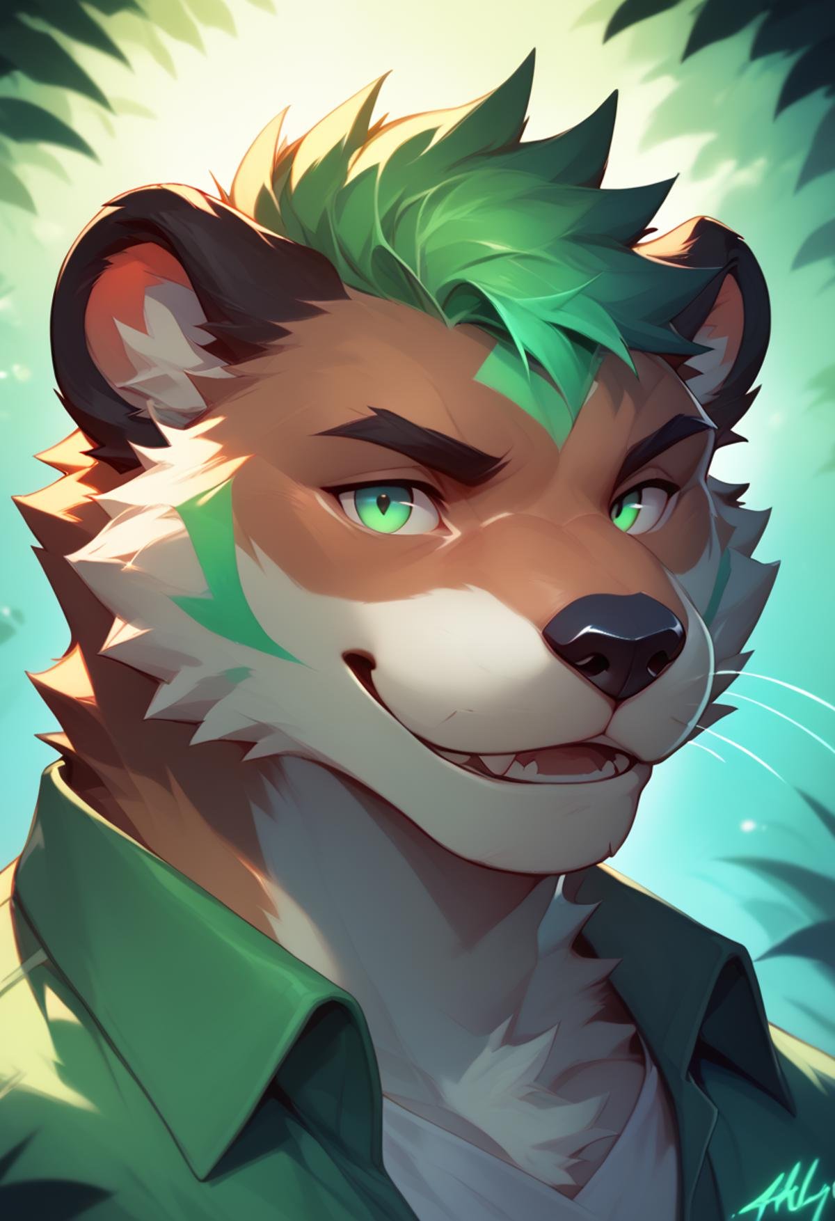 <lora:Verdion:1>, furry,  mature, male, portrait, cheerful, positive energy, vibrant background, close up shot, clothes, swamp, score_9, score_8_up, score_7_up, score_6_up,