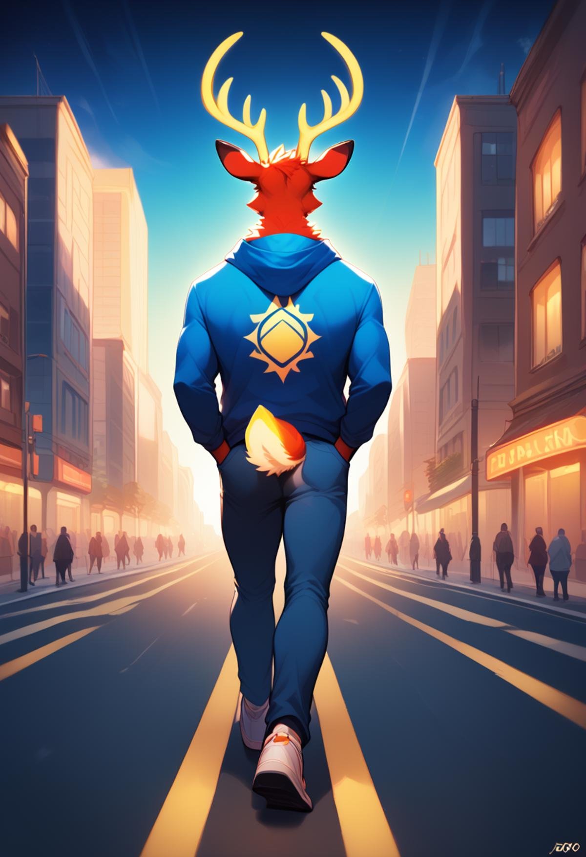 <lora:Saffron:1>, Saffron, furry, deer,antlers, (yellow antlers:1.2),mature, male,  portrait, cheerful, positive energy, hand in pockets, (walking:1.05), (motion blur:1.1), (dynamic:1.1), sun rays, new york, (taken by go pro:1.3), city, back view, hoodie down,  close up shot, shoes, score_9, score_8_up, score_7_up, score_6_up,